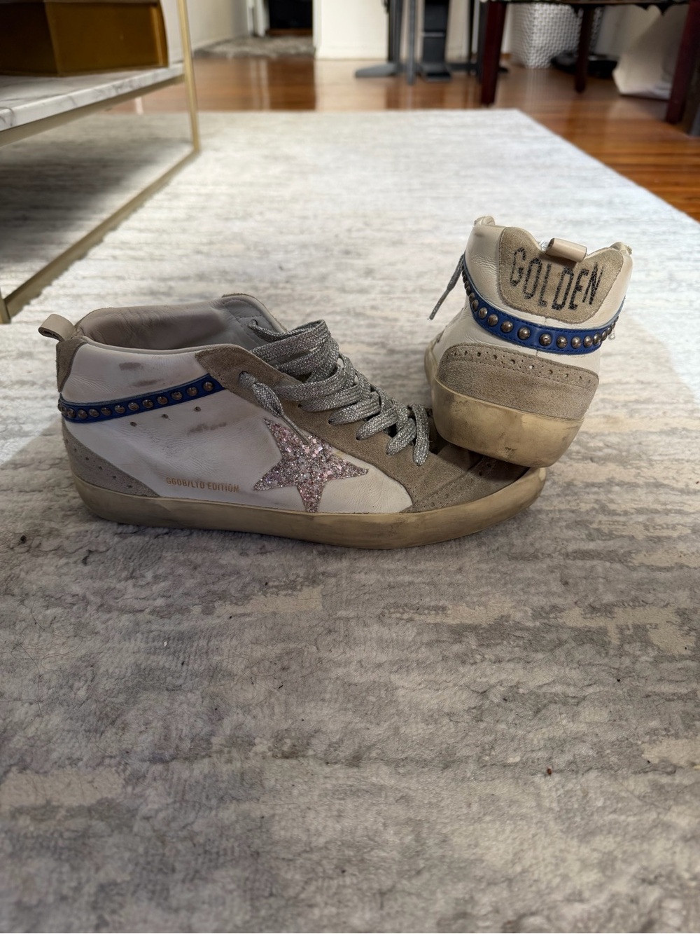 Golden Goose Midstar Sneakers in White and Gray with Pink Glitter Star